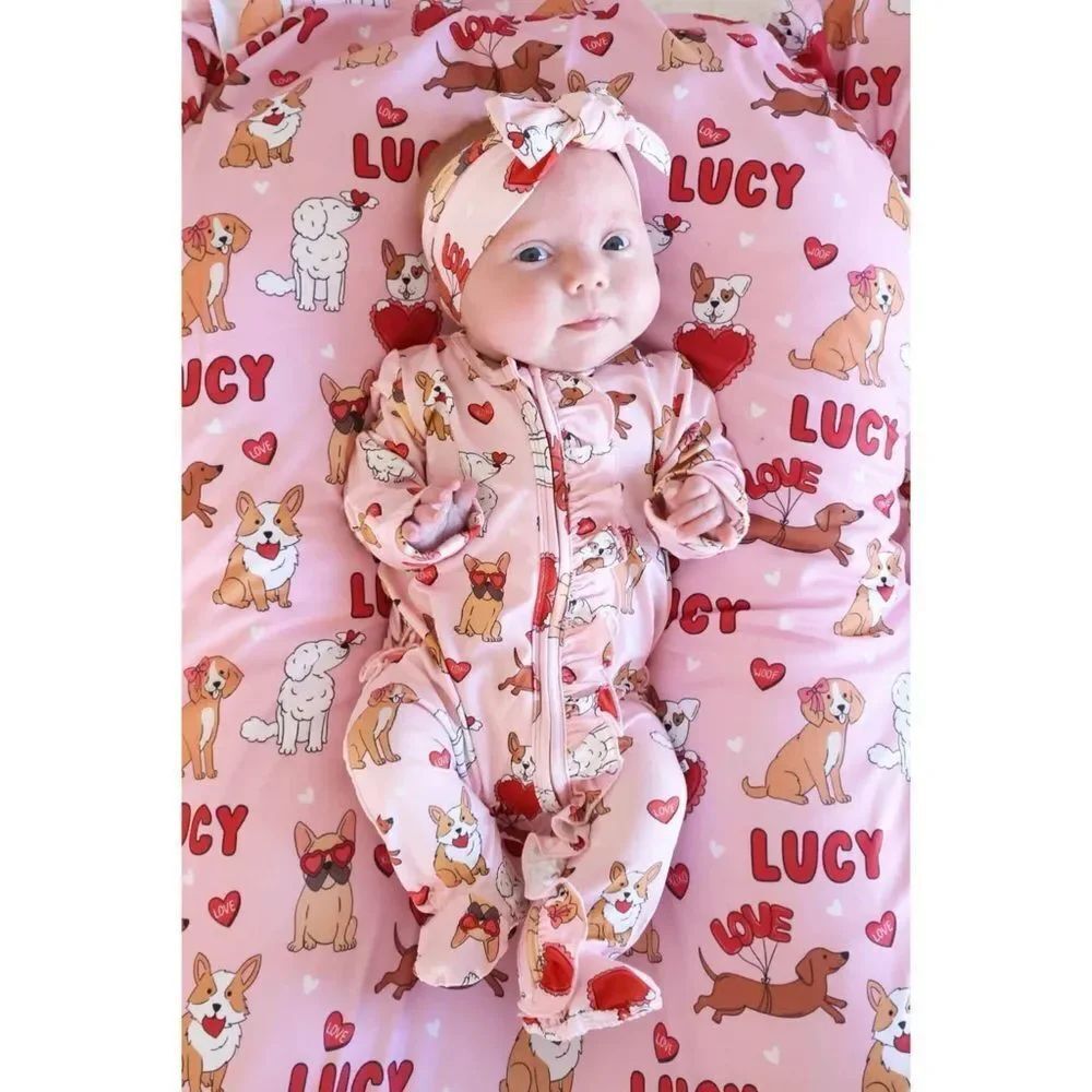 Caden Lane Baby Pink Bamboo Pups & Kisses Ruffle Zipper Footie NB Girly Dainty